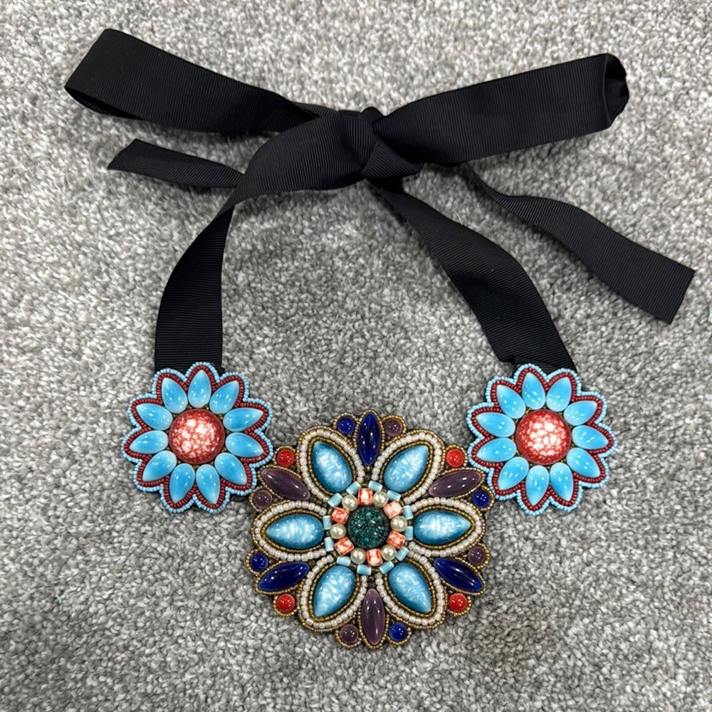 Floral Beaded Necklace with Black Ribbon